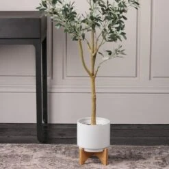 Plain Ceramic Plant Pot On Wooden Stand 7 Plain Ceramic Plant Pot On Wooden Stand -Garden and Outdoors 30829988 alt01