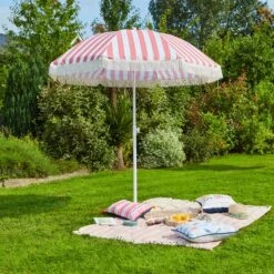 2m Striped Parasol With Fringe -Garden and Outdoors 30925738