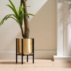 Gold Metal Plant Pot With Black Stand 23 Gold Metal Plant Pot With Black Stand -Garden and Outdoors 30958136 alt02