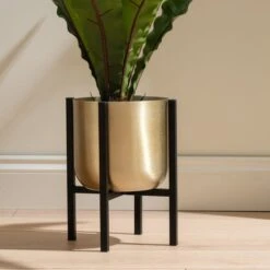 Gold Metal Plant Pot With Black Stand 16 Gold Metal Plant Pot With Black Stand -Garden and Outdoors 30958181 alt02