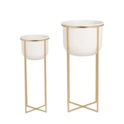 Set Of 2 White & Gold Metal Plant Stands 7 Set Of 2 White & Gold Metal Plant Stands -Garden and Outdoors 30983095 alt03