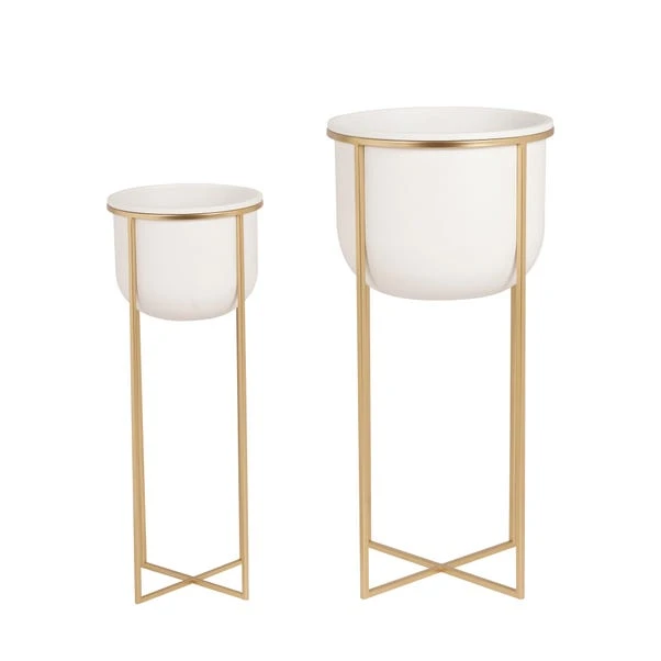 Set Of 2 White & Gold Metal Plant Stands 4 Set Of 2 White & Gold Metal Plant Stands - Image 4